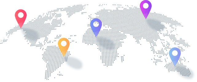 Virtual map of the world with 5 red dots indicating locations on the 5 continents. The dots are located in North America, South America, Europe, Asia, and Africa, respectively. The map is displayed on a light blue background with longitude and latitude lines