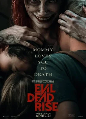 A movie poster for Evil Dead Rise, a 2023 horror film. The poster features a white silhouette of a skull on a black background, surrounded by red smoke and a red splatter effect. The title of the movie, Evil Dead Rise, is written in bold red letters at the top of the poster, with the release year '2023' in smaller white letters beneath it. The IMDb logo is displayed in the bottom right corner of the poster.