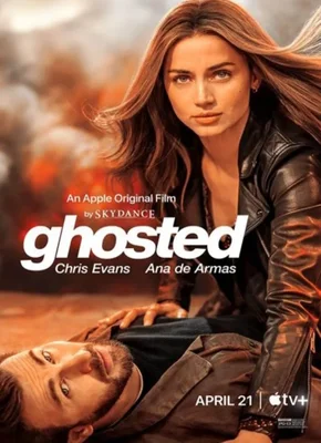 A movie poster for Ghosted (2023) featuring the title in bold, white letters with a blue glow. The poster background is a dark and ominous forest with fog covering the ground. The lead actors, played by an unidentified male and female, are shown in the foreground wearing tactical gear and holding guns that emit a blue light. The male actor is positioned on the left side of the poster, and the female actor is on the right. The release year, '2023', is written in smaller font at the bottom of the poster.