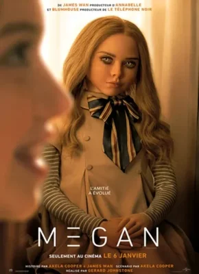 A movie poster for M3GAN, a 2022 science fiction horror film. The poster features a close-up of a robotic eye with a blue LED light in the center, surrounded by metal components and wires. The title of the movie, M3GAN, is written in bold white letters at the top of the poster, with the release year '2022' in smaller white letters beneath it. The IMDb logo is displayed in the bottom right corner of the poster