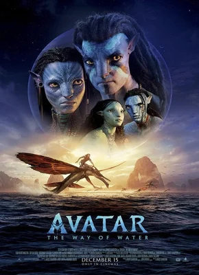 Poster for Avatar 2: The image features the lead character, Jake Sully, played by Sam Worthington, standing in a lush green environment with a waterfall in the background. Jake is wearing Na'vi clothing and is carrying a bow and arrow. The title 'Avatar' is superimposed over the top of the image in white capital letters, and the '2' is positioned beneath 'Avatar' in a bluish-green color