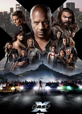 A movie poster for Fast X featuring the title in bold, white letters with a red outline. The poster background is a blurred, neon-lit cityscape, with the lead character, played by an unidentified actor, in the foreground wearing a black leather jacket. The character is standing next to a silver sports car, which is also blurred. The release year, '2023', is written in bold white letters at the bottom of the poster, with the Moviefone logo displayed next to it.