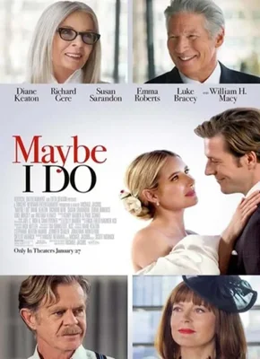 A movie poster for Maybe I Do, a 2023 American romantic comedy. The poster features the lead actors, played by an unidentified male and female, standing side by side in a park filled with cherry blossom trees. The male actor is wearing a suit and holding a red rose, while the female actor is wearing a pink dress and holding a bouquet of pink flowers. The title of the movie, Maybe I Do, is written in bold pink letters at the top of the poster, with the release year '2023' in smaller