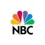 The NBC logo features a colorful peacock with spread feathers facing to the right. The bird is composed of six feathers each representing one of the six divisions of the broadcast network. The feathers are blue, purple, red, orange, yellow, and green, and are arranged in a fan shape horizontally. The word "NBC" in bold capitalized letters is written to the right of the peacock