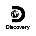 The Discovery logo features the word 'Discovery' written in simple yet bold lowercase letters with the letter 'D' in red color and the remaining letters in white. The word is placed inside a red rectangle with rounded edges. The background is colored in a light blue gradient